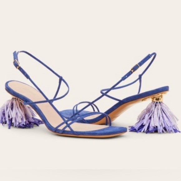 RARE Jacquemus raphia embellished strappy suede sandal in blue purple - Picture 7 of 12